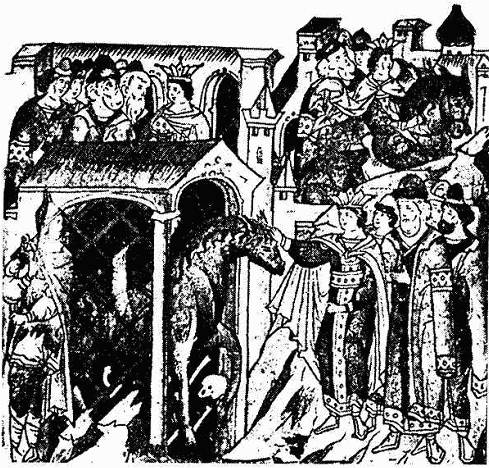Рис. 37. Букефал пред Александром. Рисунок из летописного свода XVI века.