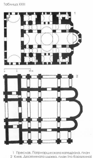 Рис. 17–18. План Патриаршеского кафедрального собора в Преславе (наверху) и Десятинной